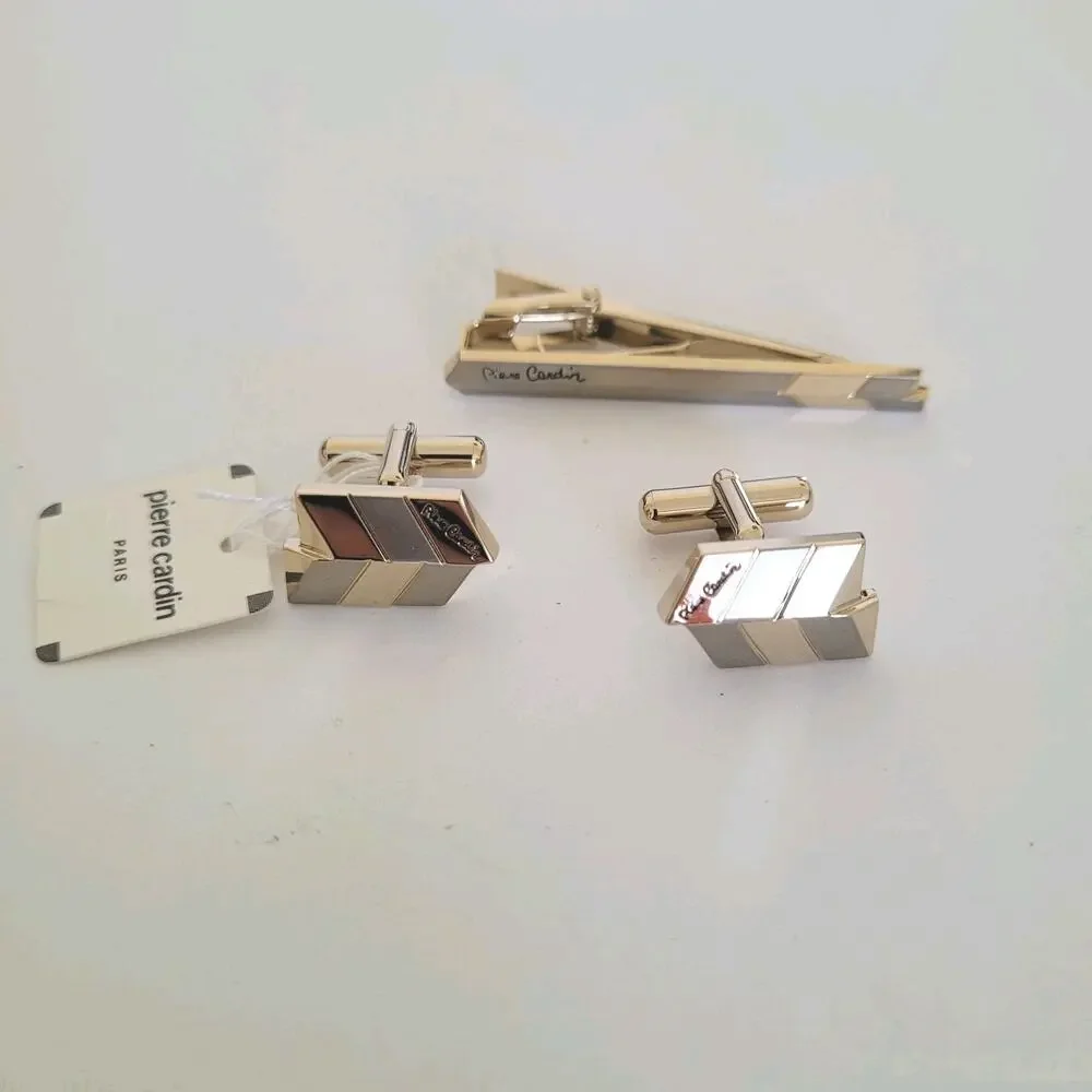 Pierre Cardin Gold Silver Tone Logo Cufflinks Tie Bar Clasp Vintage Geometric